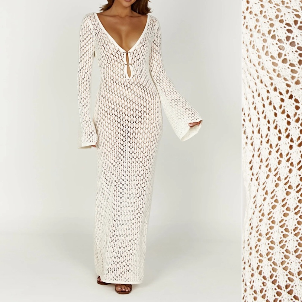 KAYLEIGH Crochet Fishtail Flare Sleeve Maxi Dress - White